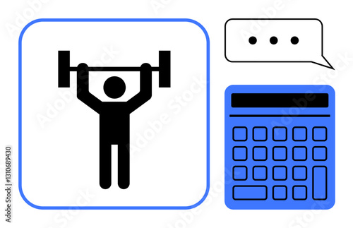 Person lifting barbell symbolizes strength calculator and speech bubble represent planning, data, and calculation. Ideal for fitness, goal setting, analytics, strategy, budgeting, motivation flat