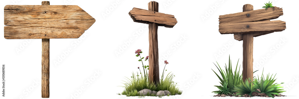 Three wooden signboards with grass and flowers. Rustic style. Isolated on white background. Three wooden signboards with grass and flowers. Rustic style. Isolated on white background.