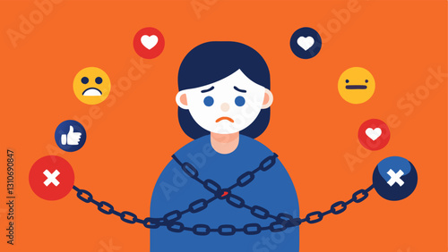 Social Media Chains A character wrapped in chains made of social media icons revealing how they feel ped by the need for validation from others.