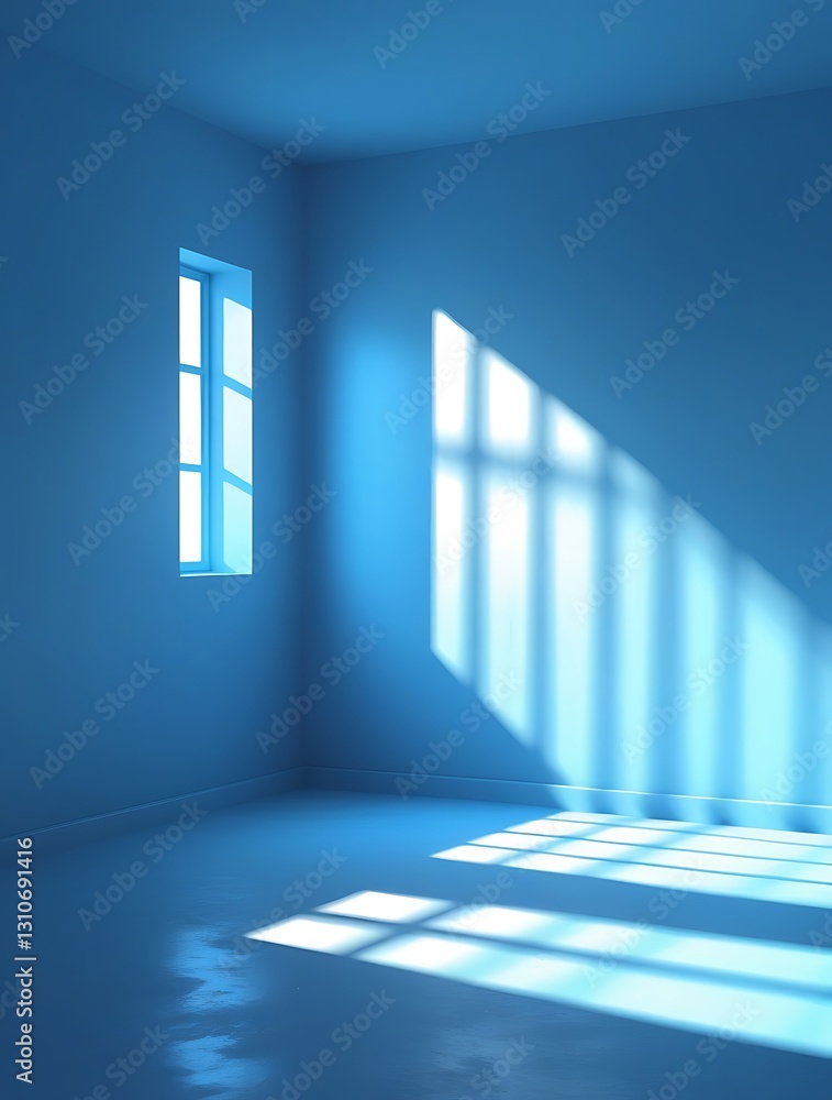 Obraz premium Minimalist empty blue room with bright sunlight streaming through the window, creating dramatic rays and shadows perfect for concepts of hope, solitude, and light