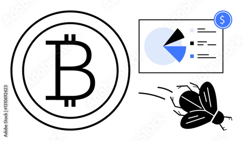 Bitcoin currency icon beside analytics chart with pie graph and a flying insect. Ideal for cryptocurrency, blockchain, economic disruption, finance, technology, analytics, digital economy. Flat