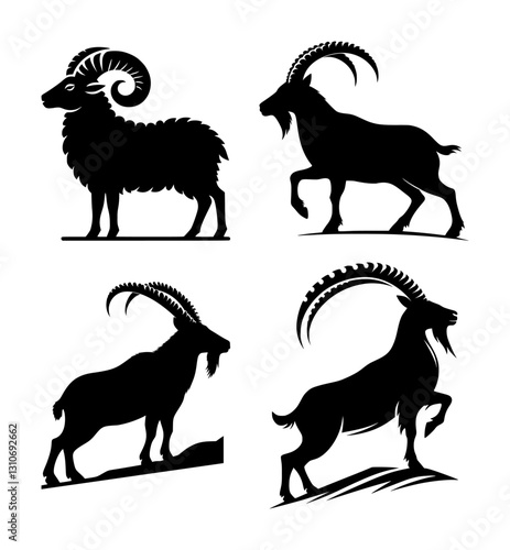 vector set silhouette of goat, sheep, ram, ibex (artwork 1)