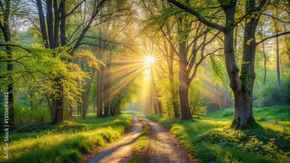 Obraz premium Minimalist Spring Forest Landscape: Sunlit Path Through Trees