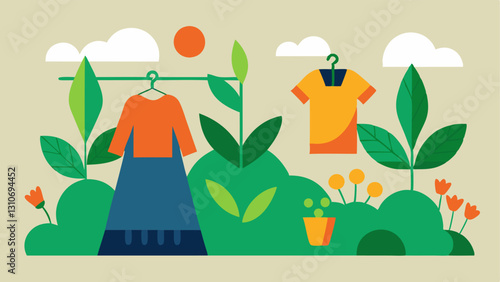 Textile Garden An of a garden with clothes growing on plants instead of vegetables symbolizing the idea of sustainability in fashion and the natural cycle of
