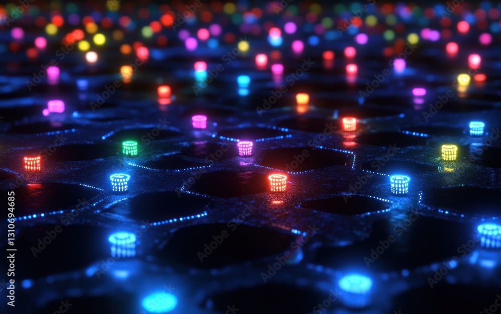 Colorful lights on hexagonal grid, abstract technology background. Colorful lights on hexagonal grid, abstract technology background.