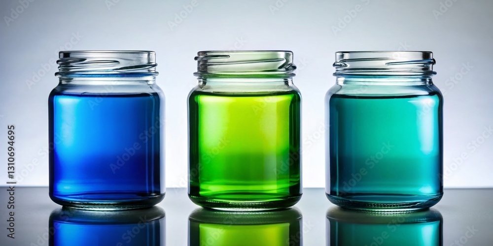 Minimalist Still Life: Three Glass Jars with Blue, Green & Dark Blue Indicator Dyes Minimalist Still Life: Three Glass Jars with Blue, Green & Dark Blue Indicator Dyes