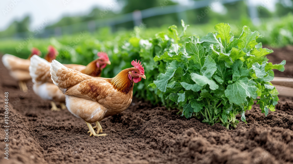 Fototapeta premium Free range chickens roaming in picturesque farm garden with greens