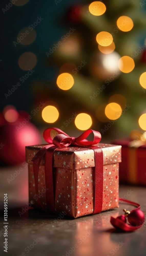 Bokeh focused on a shiny Christmas gift with a modern and minimalist background, shiny object, gift, present Bokeh focused on a shiny Christmas gift with a modern and minimalist background, shiny object, gift, present