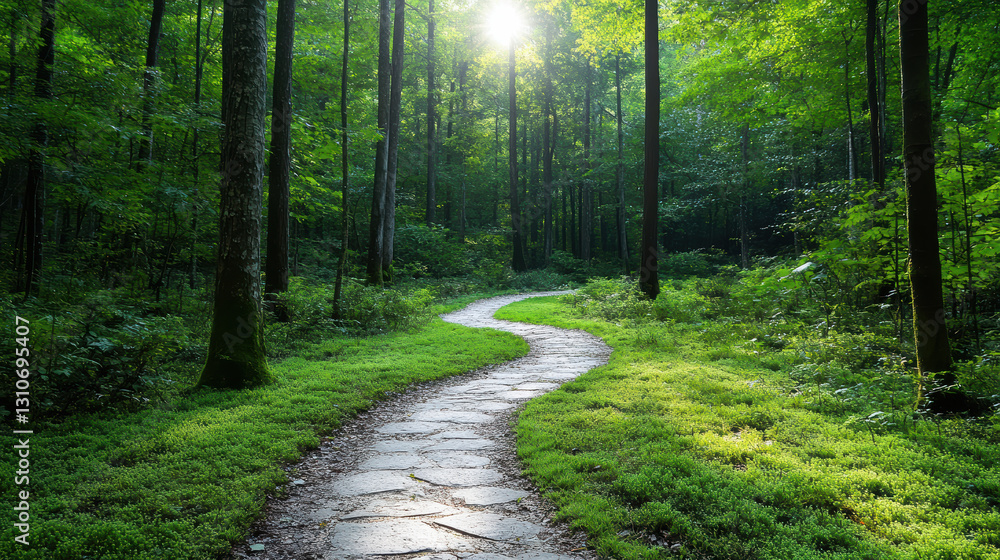 Fototapeta premium serene forest trail winding through lush greenery and sunlight