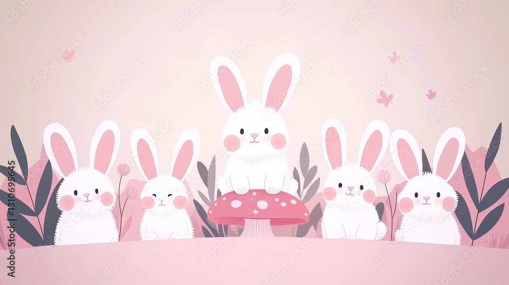 Obraz premium Cute Whimsical Rabbits Gathered Around a Colorful Mushroom in Pastel Colors