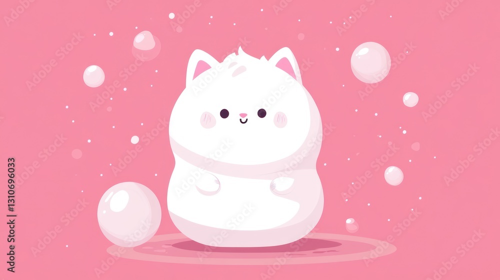 A cute white cartoon cat with bubbles on a pink background A cute white cartoon cat with bubbles on a pink background