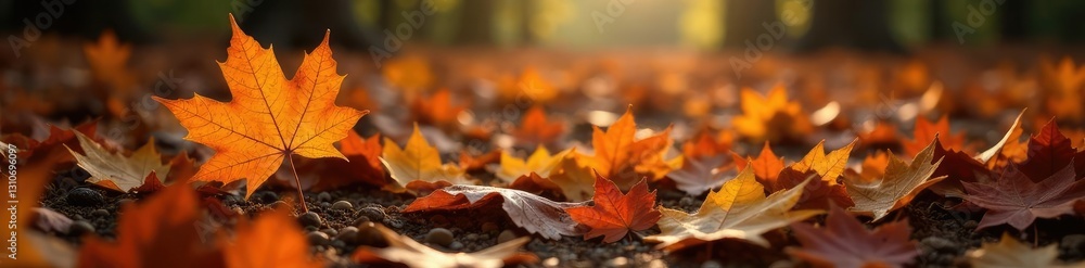 Burnt orange maple leaves scattered on the forest floor, brown, nature Burnt orange maple leaves scattered on the forest floor, brown, nature