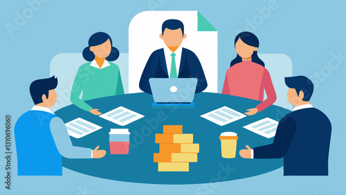 Regulatory Meeting A group of diverse officials gathered around a table with piles of documents and a large screen showing antimoney laundering AML regulations highlighting