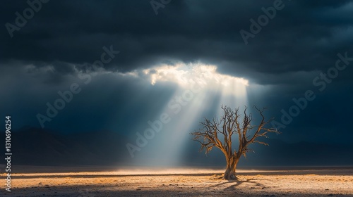 Sunbeams illuminate a lone dead tree in a dramatic desert landscape under a stormy sky.