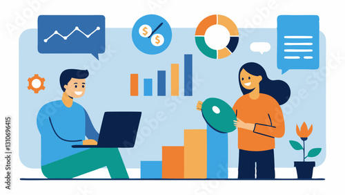 Investment in Technology A graphic showing a financial advisor assisting a tech entrepreneur with financial projections and business plans including graphs and innovative tech