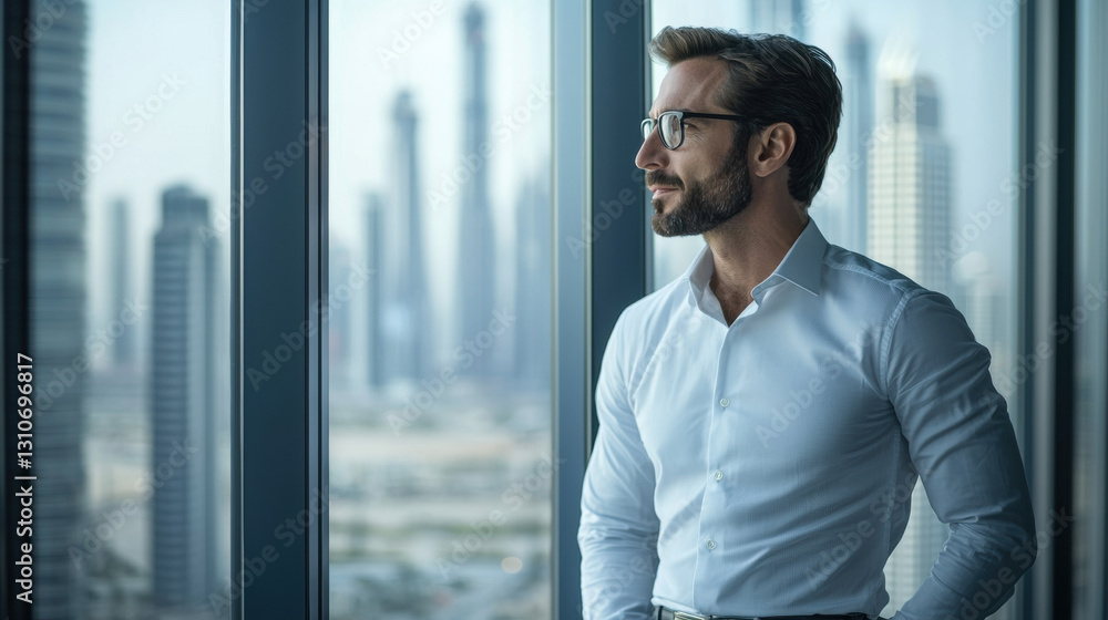 Professional man gazing at city skyline through large windows.