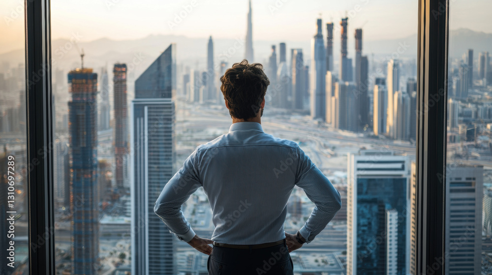 Fototapeta premium Business professional gazing at a city skyline from a high-rise window.