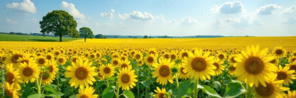 Fototapeta premium Field of saffron flowers with a few trees in the background, sunflowers, countryside