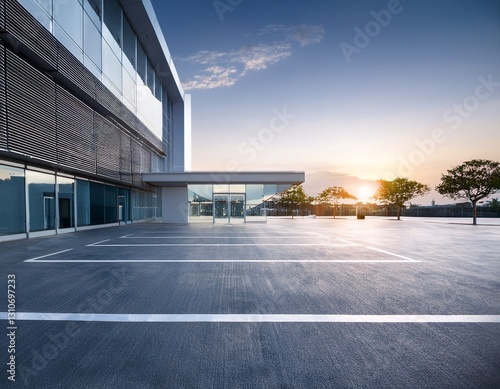 an empty parking area outside an elegant modern architectural building with large glass windows