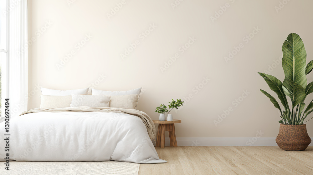 Fototapeta premium clean minimalist bedroom with single bed and light beige walls