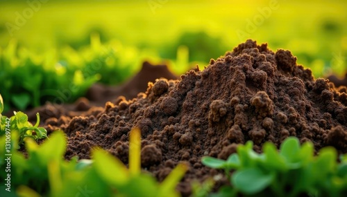 Field with cow dung pat turning brown in sunlight, farming, nature, green