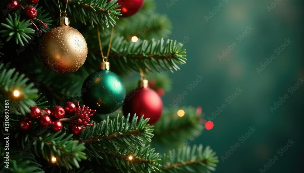 Fir tree with ornaments and a garland of greenery, fir tree, holly Fir tree with ornaments and a garland of greenery, fir tree, holly