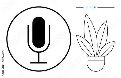 Large microphone icon inside a circle, potted plant with leaves on the right side, and small dots symbolizing connectivity. Ideal for podcasting, broadcasting, home office, creative workspace