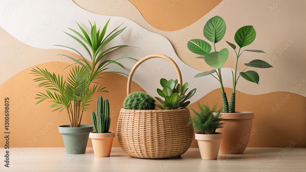 Fototapeta premium Minimalist Whimsical Organic Plant Basket Illustration Stock Photo