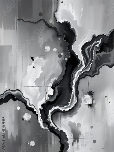 A striking grayscale abstract painting rich in texture and marked by bold contrasts, featuring flowing and dynamic forms that engage the senses and evoke deep emotional responses.