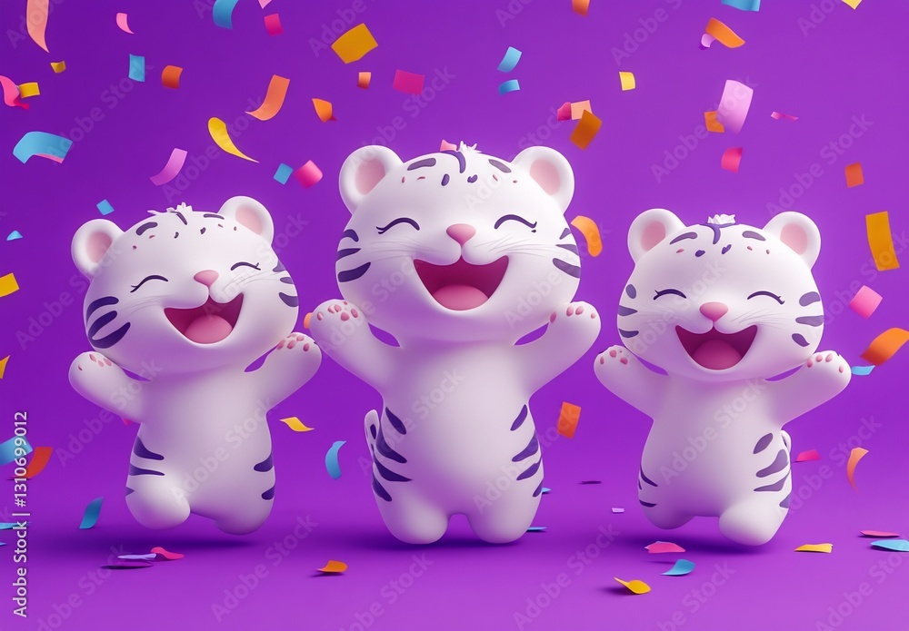 Three cute white tiger cubs joyfully jumping amidst colorful confetti on purple background. Three cute white tiger cubs joyfully jumping amidst colorful confetti on purple background.