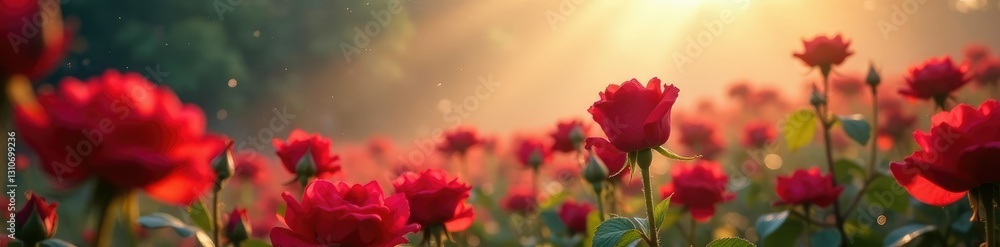 Red rose stems stretch towards the sky in morning light and raindrop mist, floral, roses Red rose stems stretch towards the sky in morning light and raindrop mist, floral, roses