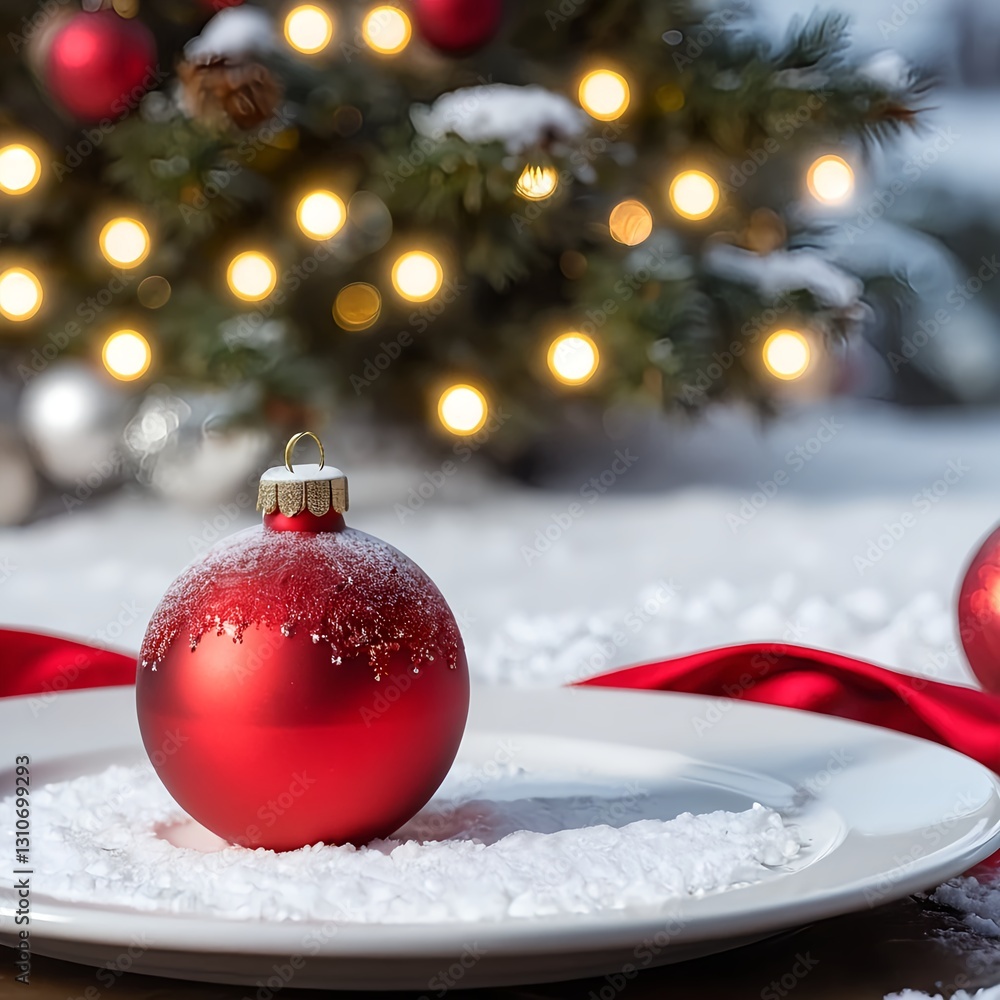 Red Christmas Ornament on Snowy Plate with Blurred Christmas Tree Background Red Christmas Ornament on Snowy Plate with Blurred Christmas Tree Background