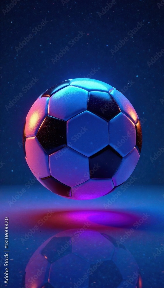 Naklejka premium Iridescent soccer ball hovering above blue space, iridescent, glow, soccer ball