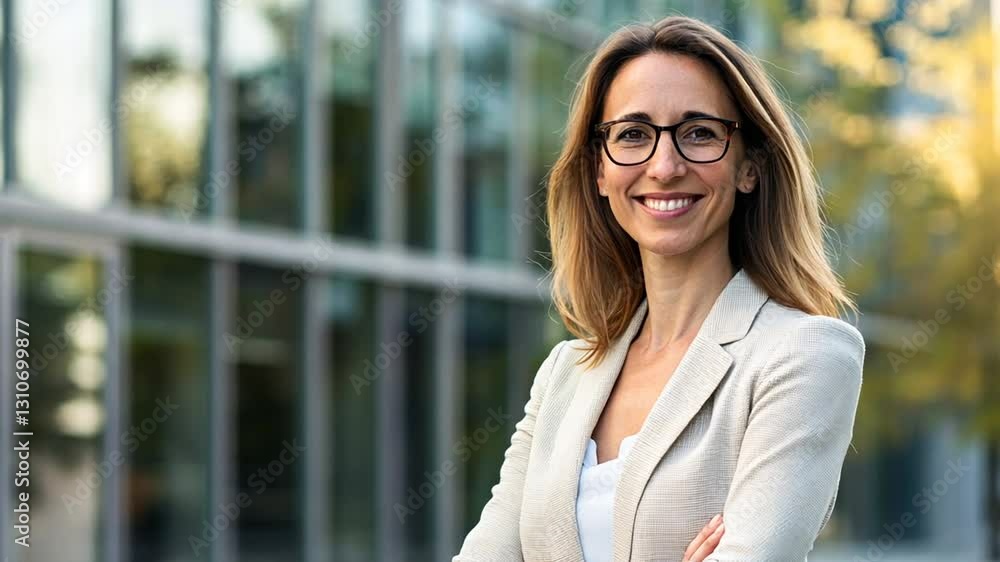 Confident businesswoman smiling in front of modern office building, portrait Confident businesswoman smiling in front of modern office building, portrait