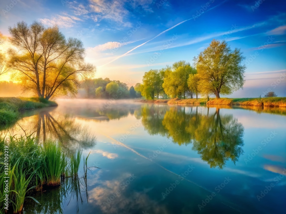 Obraz premium Misty Cold Spring Morning at Sarisap Lake, Hungary - Long Exposure Fishing Lake Photography