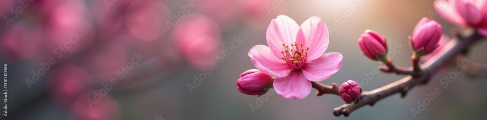 Soft pink petals unfolding on a bare tree branch, bloom, flower, tree