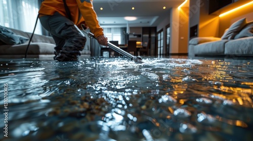 Flooded home, worker cleans water damage