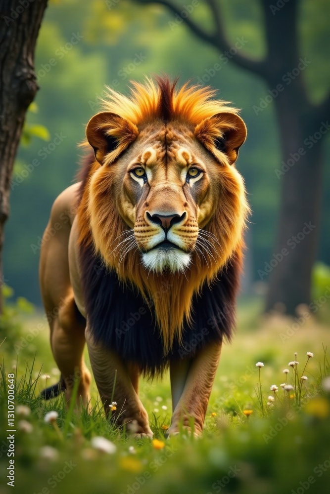 Lion's majestic head in the foreground with trees and grass behind it, jungle, forest, animals Lion's majestic head in the foreground with trees and grass behind it, jungle, forest, animals