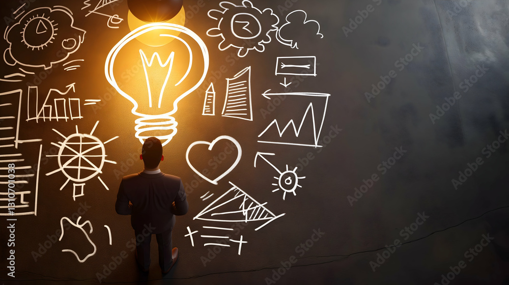 A person stands before a wall with sketches of ideas, graphs, and light bulbs, symbolizing creativity and innovation. A person stands before a wall with sketches of ideas, graphs, and light bulbs, symbolizing creativity and innovation.