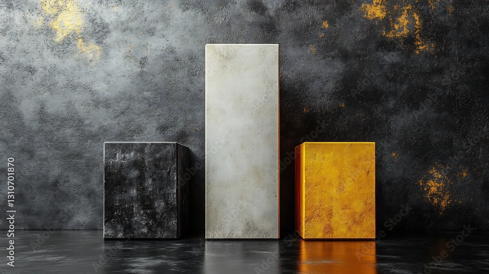 Dark moody textured background showcases three subtly lit geometric platforms. AI Generated Dark moody textured background showcases three subtly lit geometric platforms. AI Generated