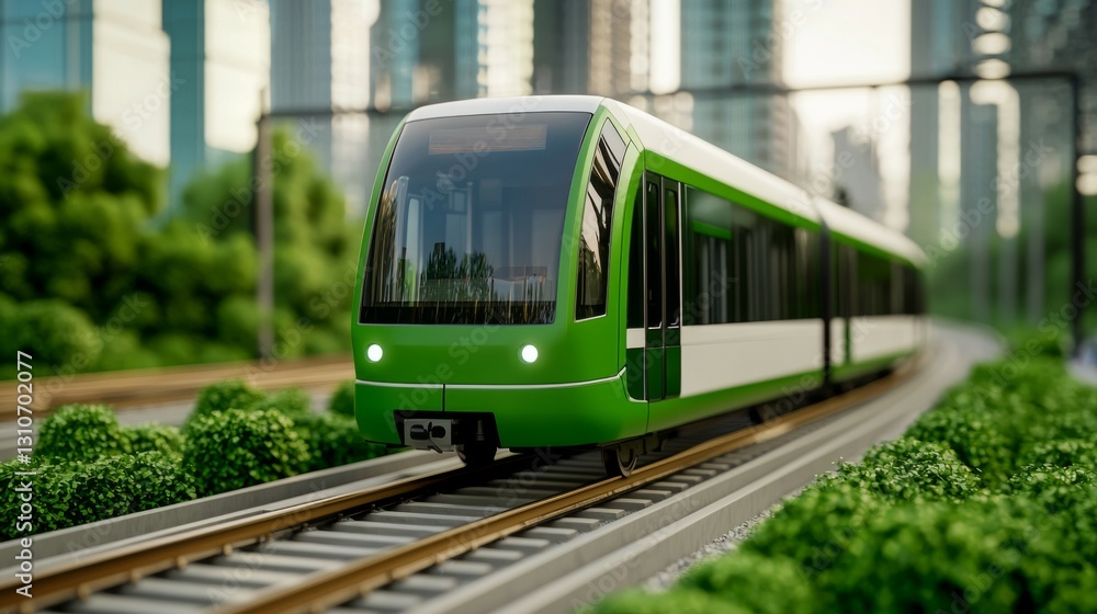 Fototapeta premium A modern green train travels along a track surrounded by lush greenery and urban buildings, showcasing a blend of nature and technology.