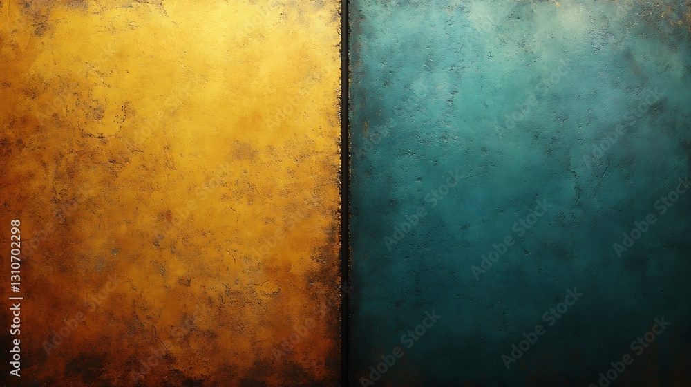 Obraz premium Golden and teal textured surfaces contrast beautifully with warm ambient lighting. AI Generated