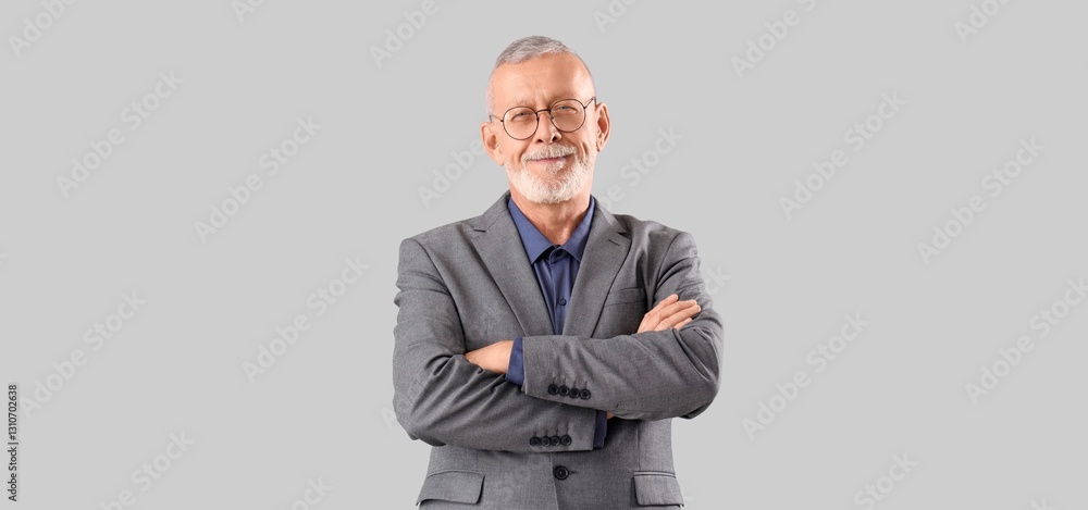 Portrait of senior businessman with folded arms on grey background Portrait of senior businessman with folded arms on grey background