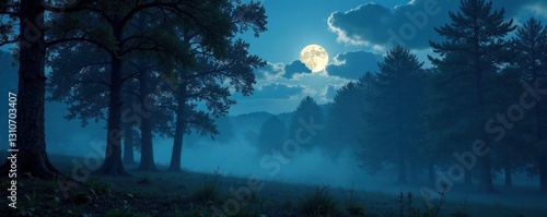 Moonlit forest with misty trees, misty, peaceful,