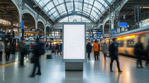 Blank Advertisement Stand Train Station: Modern advertising display in busy railway station. AI generated