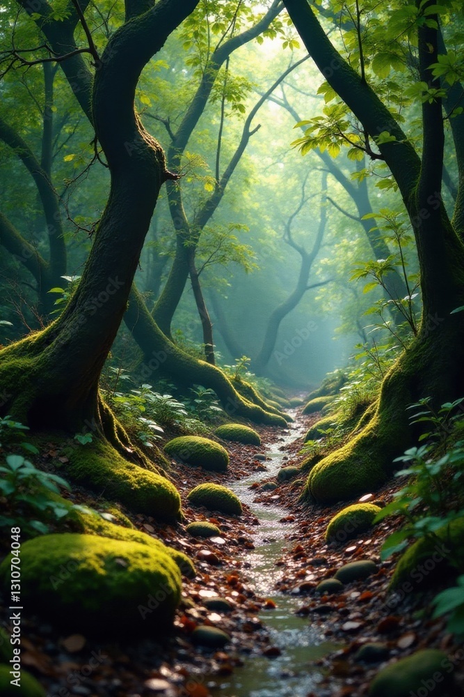 Obraz premium Muddy rainforest with twisted tree trunks and moss-covered rocks, wilderness, decay