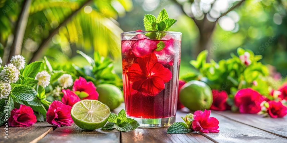 Refreshing Red Floral Iced Beverage with Lime Garnish on Rustic Wooden Surface Refreshing Red Floral Iced Beverage with Lime Garnish on Rustic Wooden Surface