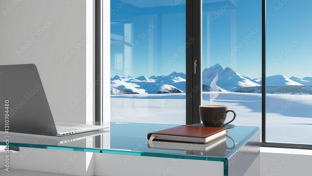 Startup culture pitching concept. A modern workspace featuring a laptop, a coffee cup, and a notebook, with a stunning snowy mountain view through a large window. Startup culture pitching concept. A modern workspace featuring a laptop, a coffee cup, and a notebook, with a stunning snowy mountain view through a large window.