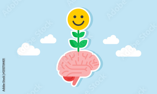 A flowering plant with a happy emoticon grows from the brain, illustration of a mindset that prioritizes people's attention or the market