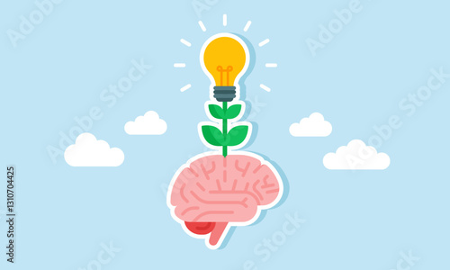A lit lamp flowering plant grows from the brain, illustration of creativity, ideas, and business innovation emerging from critical thinking